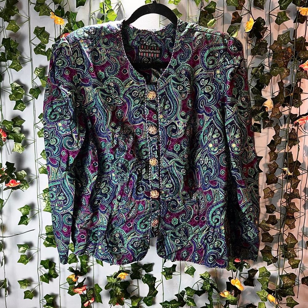 Women’s retro Special Thyme button up jacket peacock colored (22W)